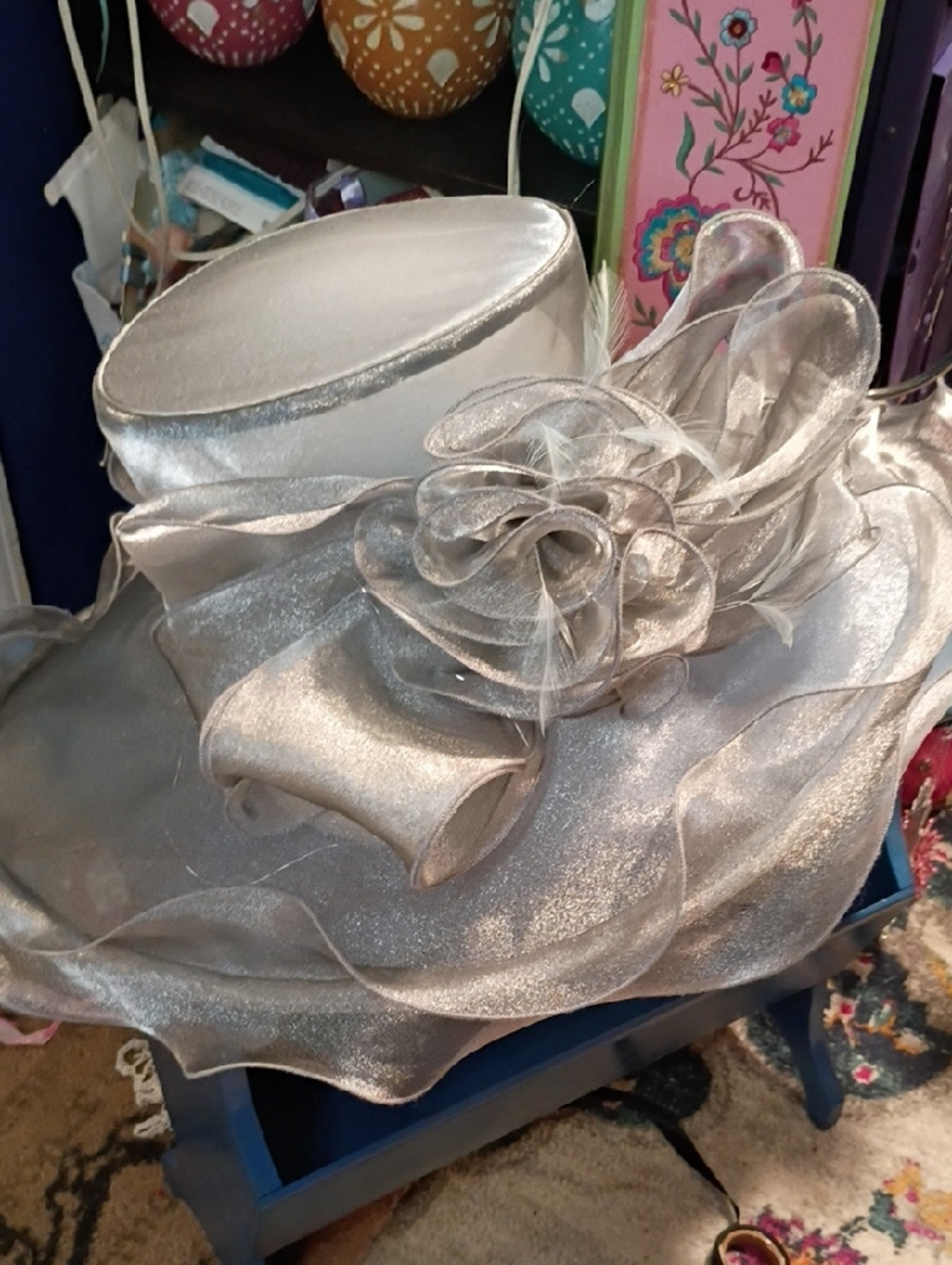 Elegant Silver Women's Dress Hat with Floral Organza Accent